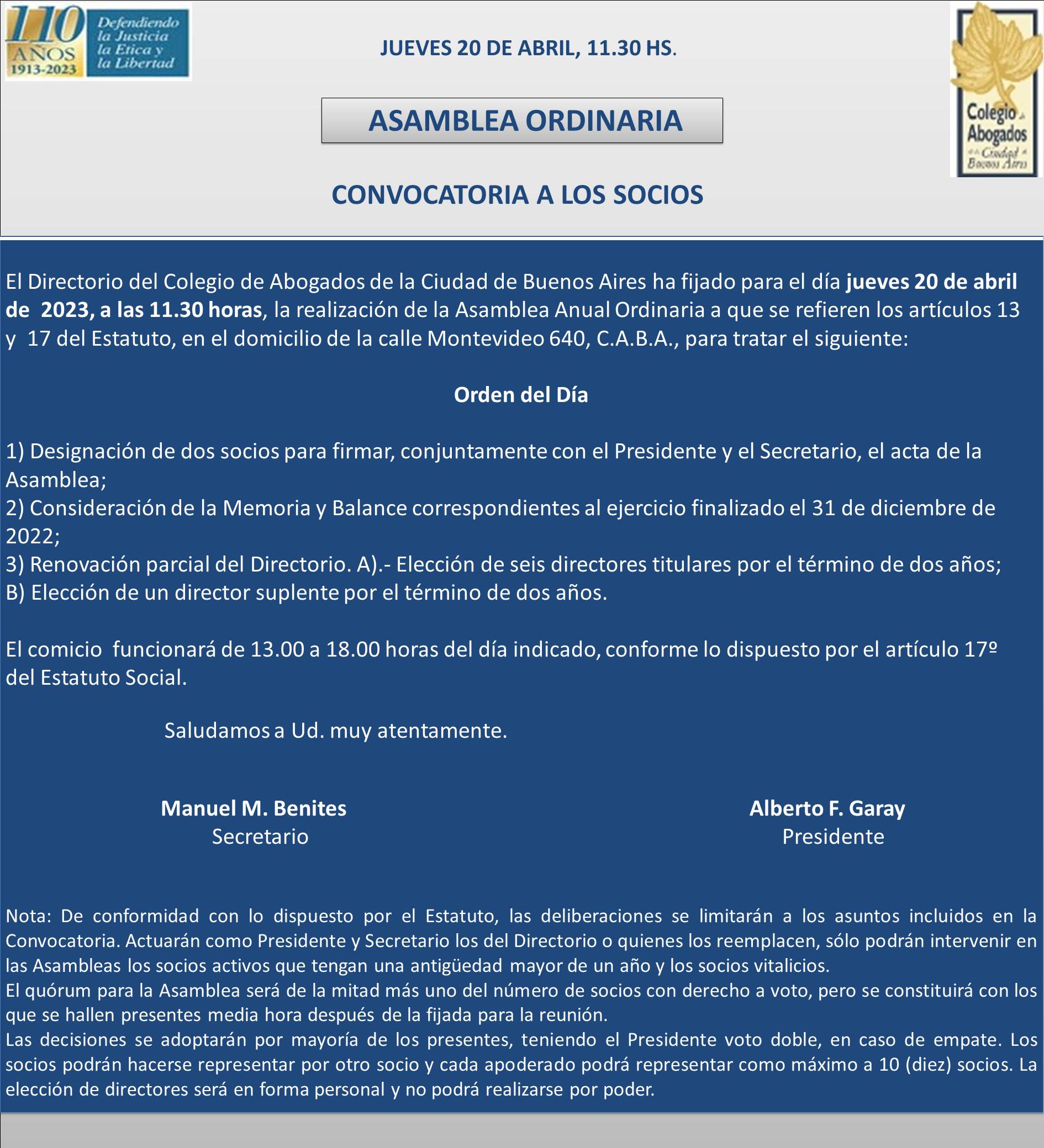 Convocatoria a Asamblea Ordinaria - Jueves 20 de abril, 11.30 hs.